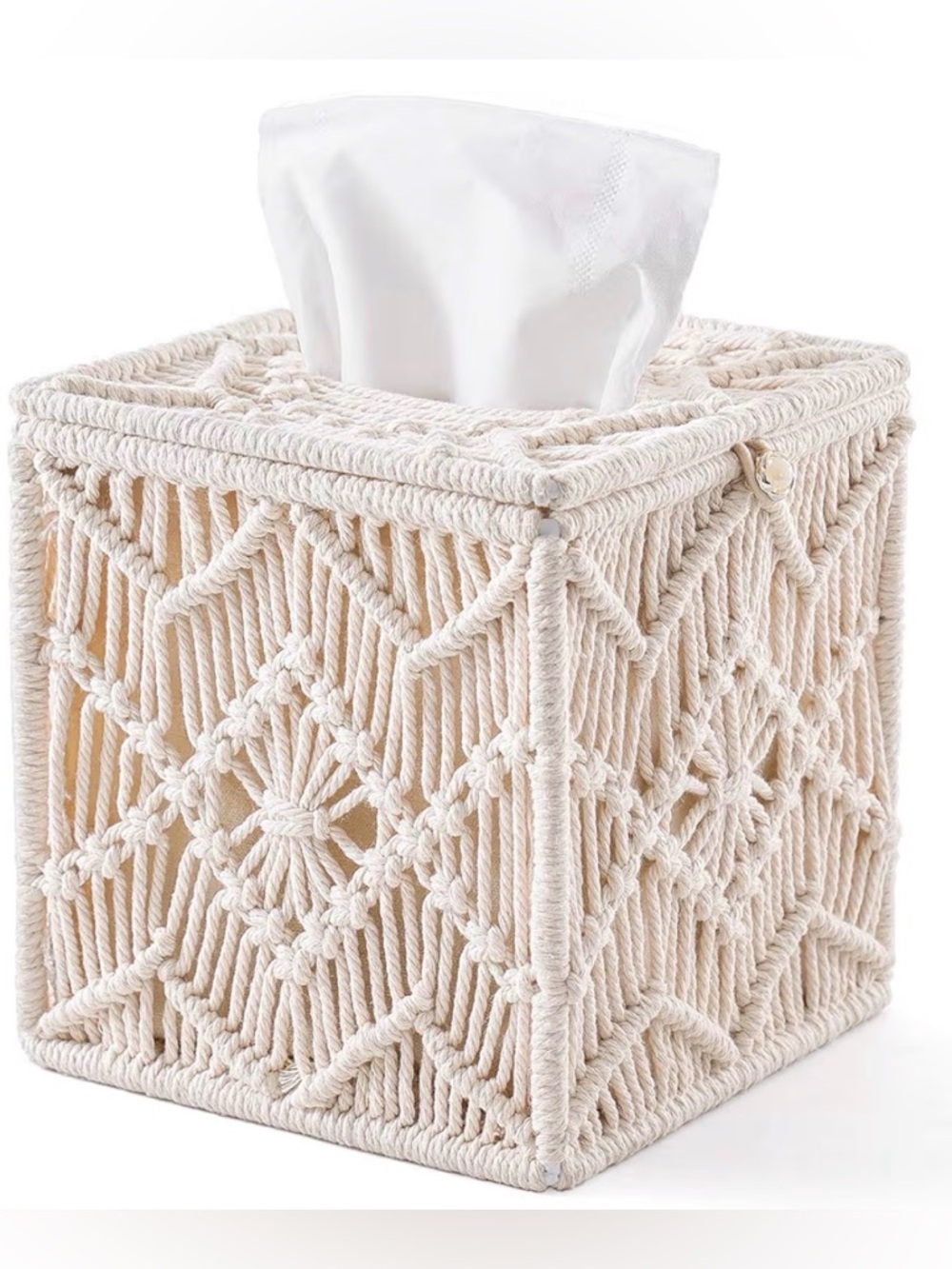 NIB Mkono Macrame Tissue Box Cover Ivory Boho Bathroom Decor Square